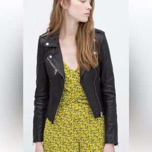 Zara Trifaluc Genuine Leather Fitted Moto Biker Jacket Cropped L Fits Like M